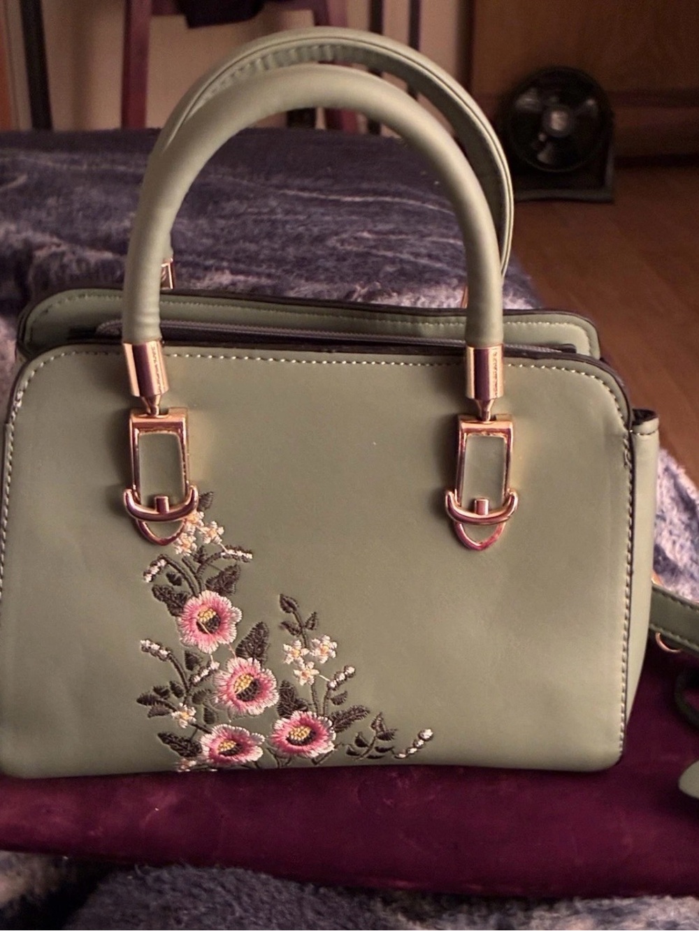 Green Floral Embroidered Satchel Handbag